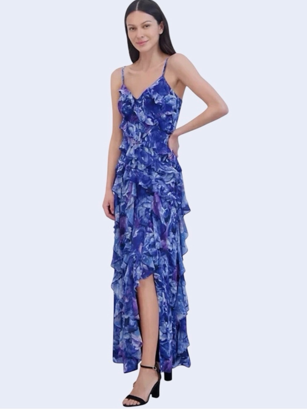 NWT Eliza J Blue Floral Ruffled High-Low Maxi Dress